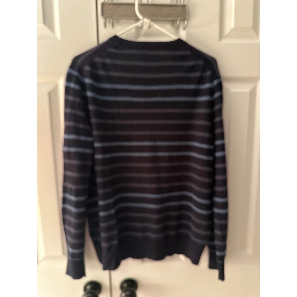 Banana Republic Mens V-Neck Sweater 100% Merino Wool Striped Navy Blue Large
